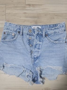 ZARA Light Blue Distressed Button-Fly Denim Shorts